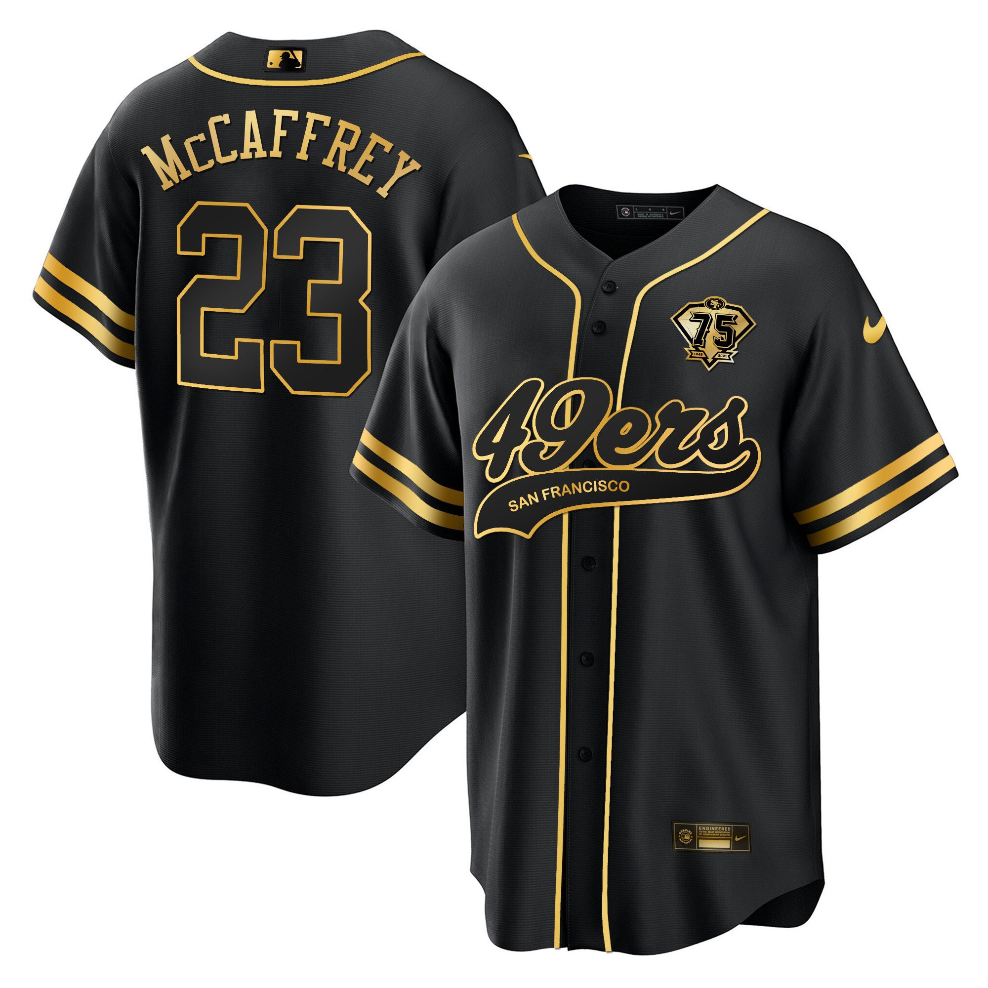 Christian McCaffrey 23 San Francisco 49ers Baseball Men Jersey - Black Gold