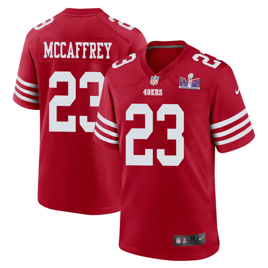 Christian McCaffrey 23 San Francisco 49ers Super Bowl LVIII Patch Game Men Jersey - Scarlet