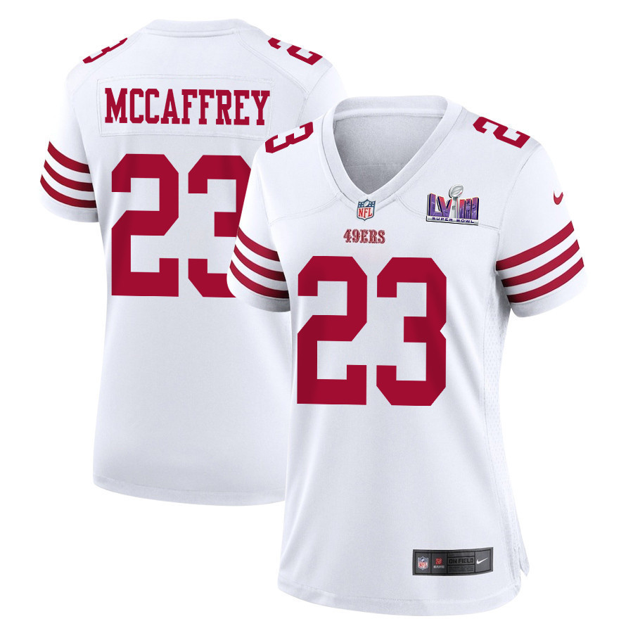 Christian McCaffrey 23 San Francisco 49ers Super Bowl LVIII Patch Game Women Jersey - White