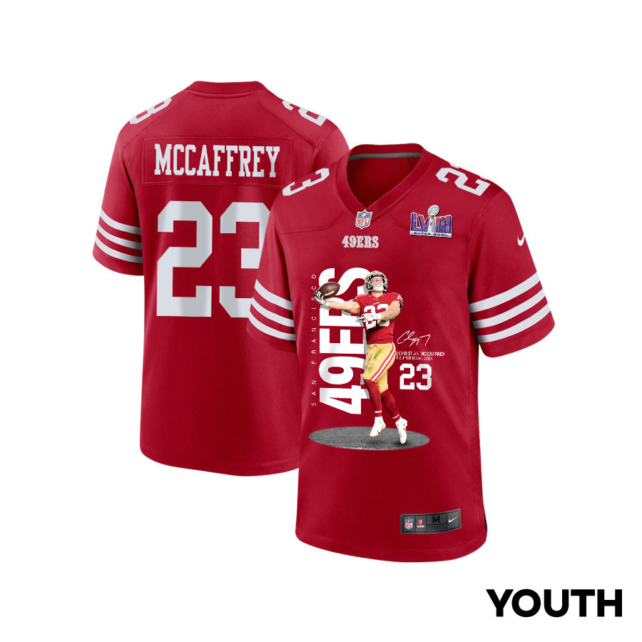 Christian McCaffrey 23 San Francisco 49ers Throwing Ball Game YOUTH Jersey - Scarlet