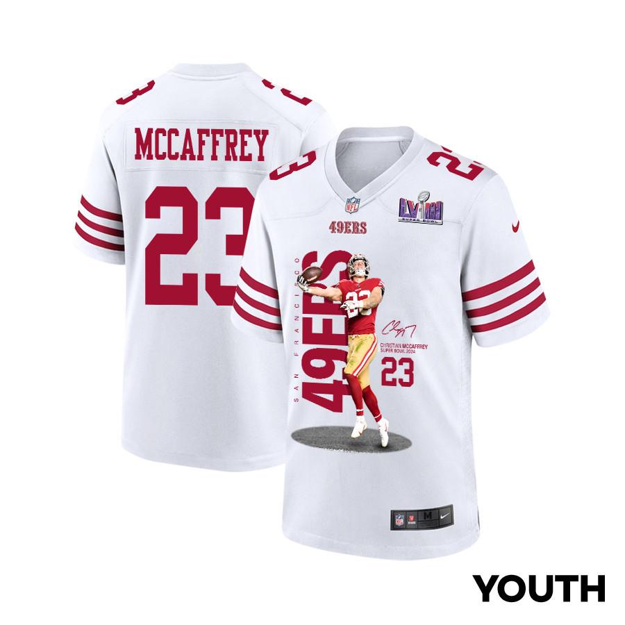 Christian McCaffrey 23 San Francisco 49ers Throwing Ball Game YOUTH Jersey - White