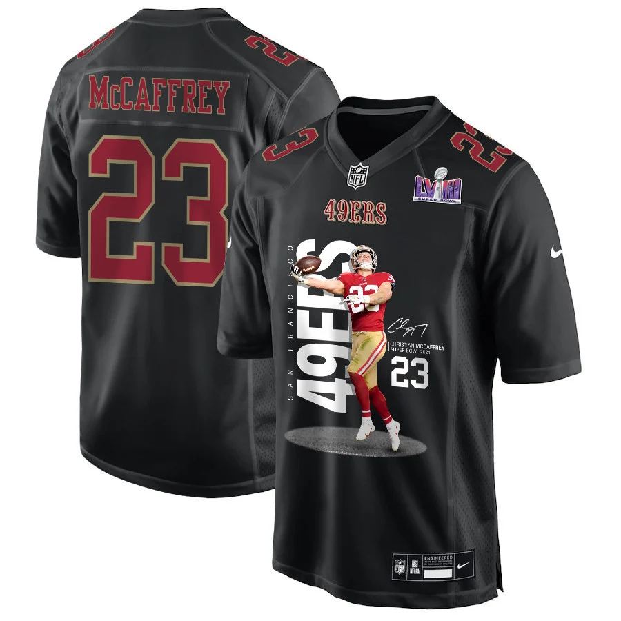 Christian McCaffrey 23 San Francisco 49ers Throwing Ball Signed Fashion Game Men Jersey - Carbon Black