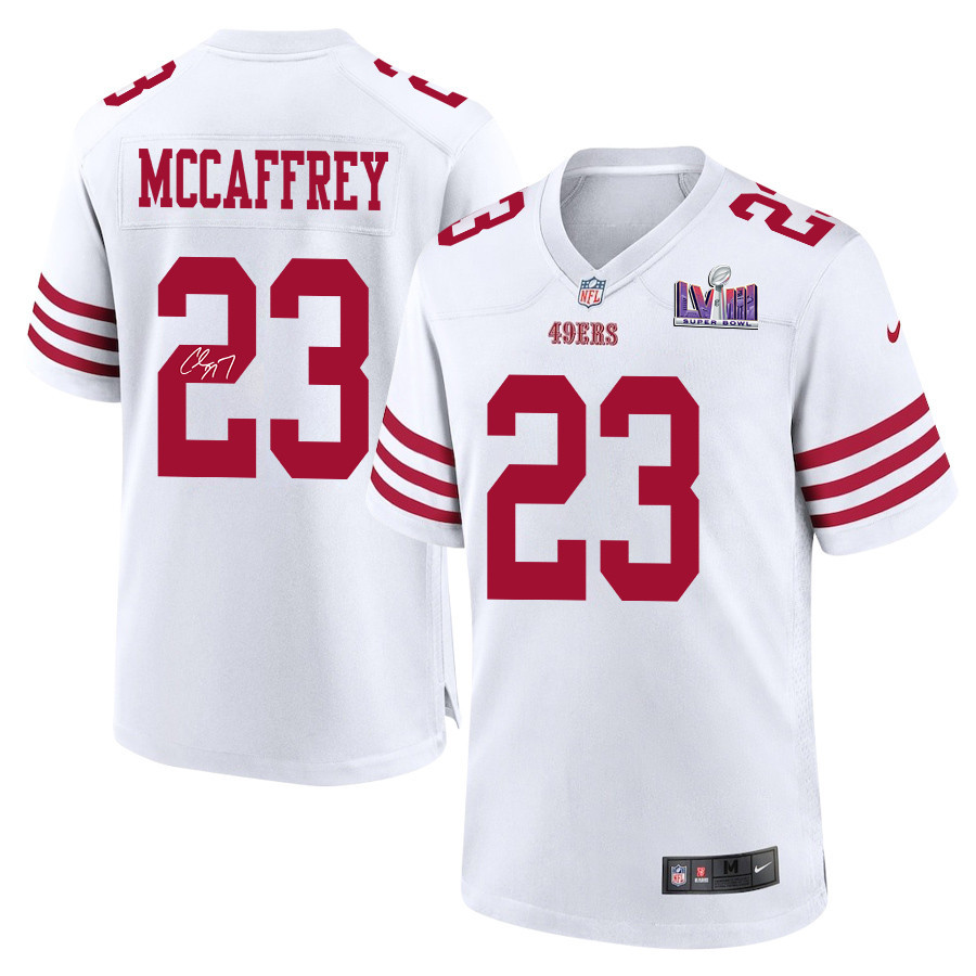 Christian McCaffrey 23 Signed San Francisco 49ers Super Bowl LVIII Game Men Jersey - White