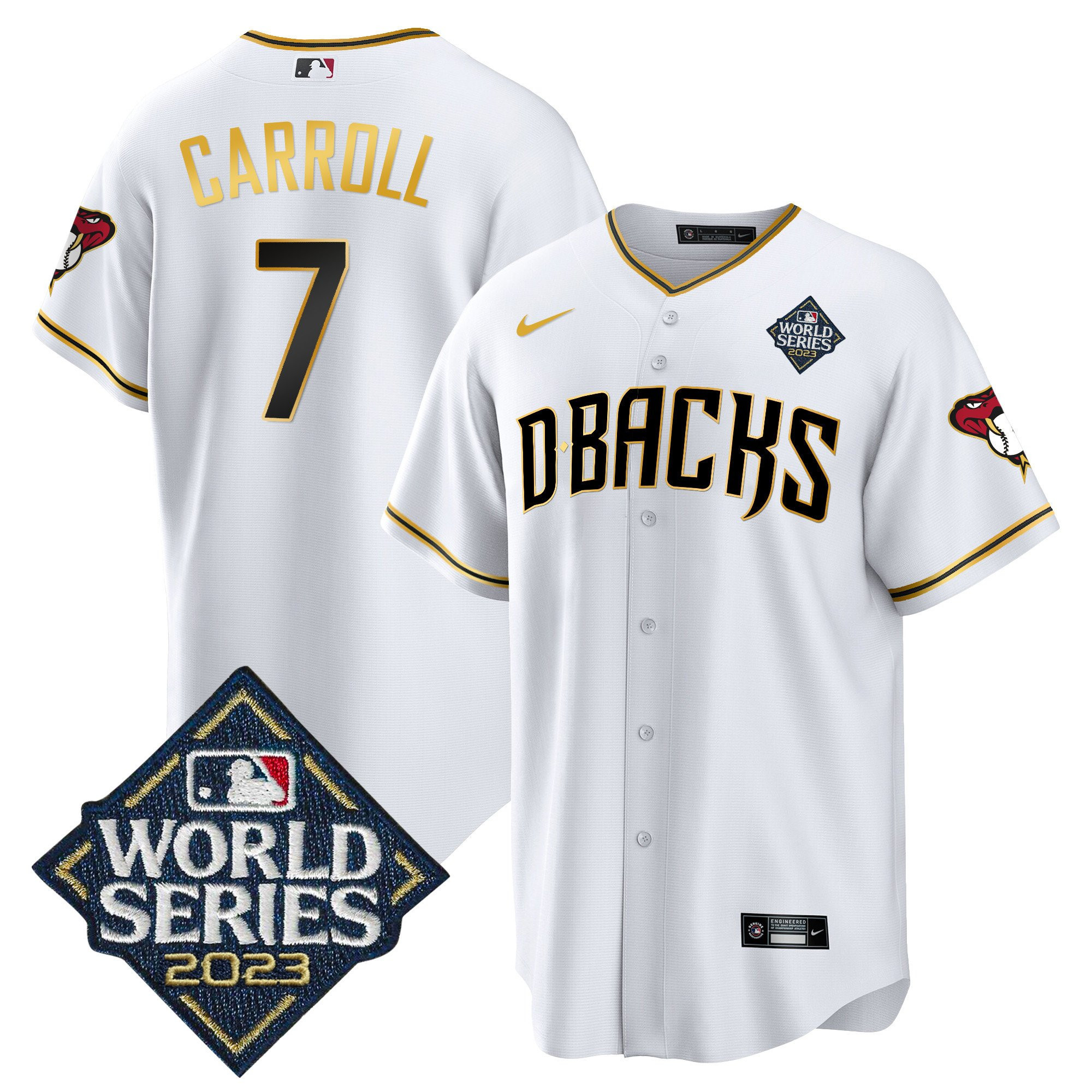 Corbin Carroll 7 Arizona Diamondbacks 2023 World Series Men Jersey - White Gold