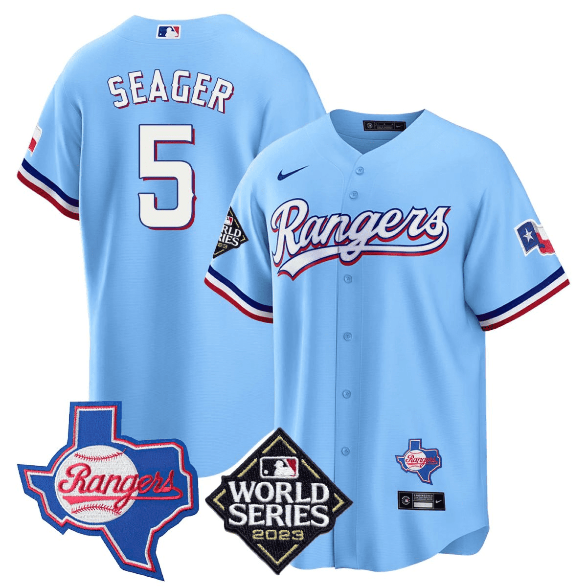 Corey Seager 5 Texas Rangers 2023 World Series & Texas State Patch Men Jersey - Blue