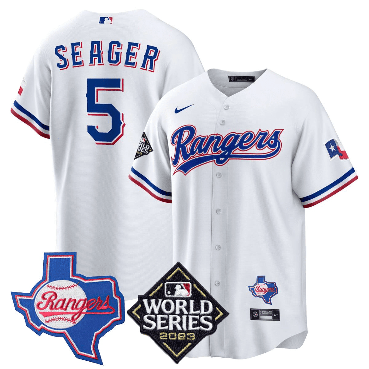 Corey Seager 5 Texas Rangers 2023 World Series & Texas State Patch Men Jersey - White