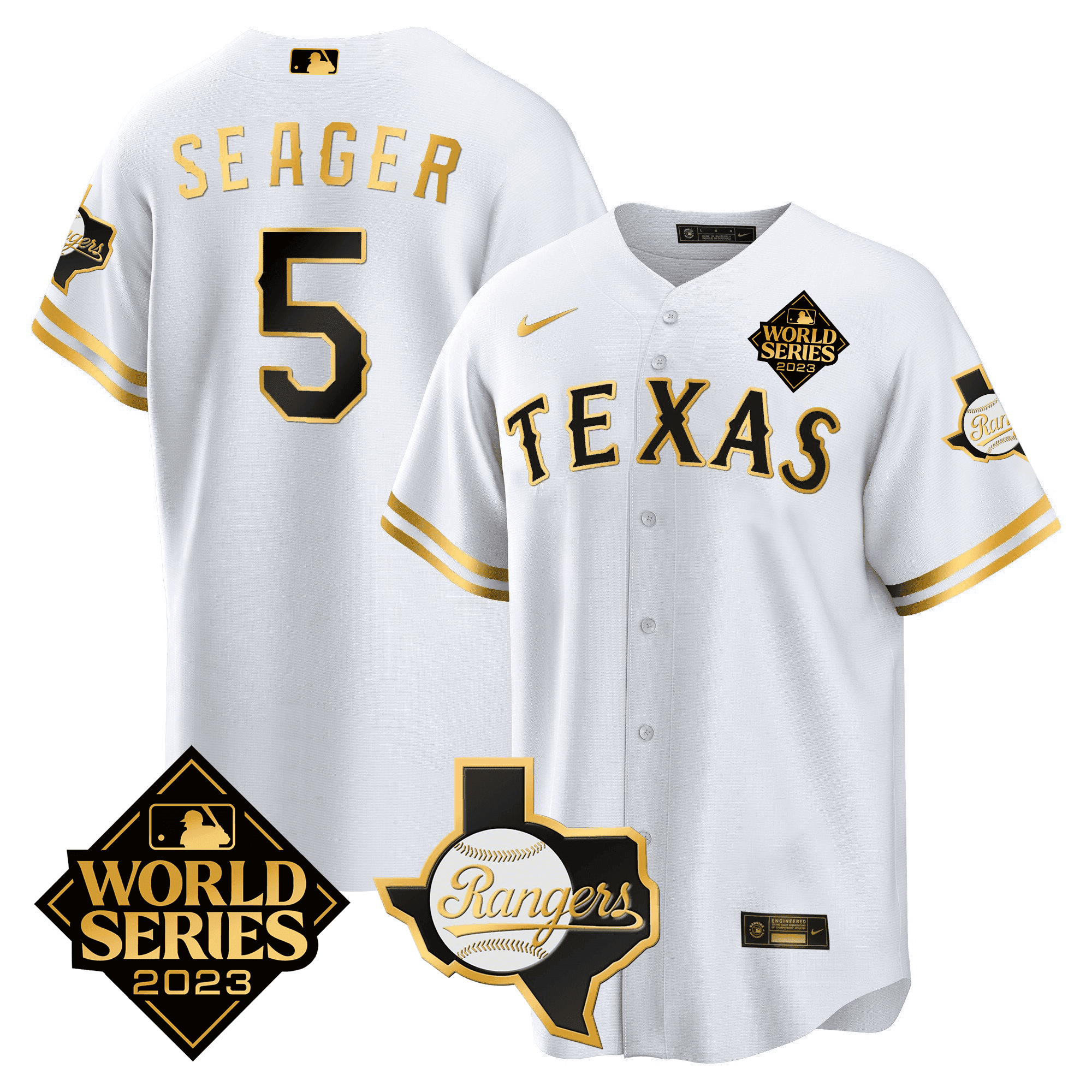 Corey Seager 5 Texas Rangers 2023 World Series & Texas State Patch Men Jersey - White Gold V2