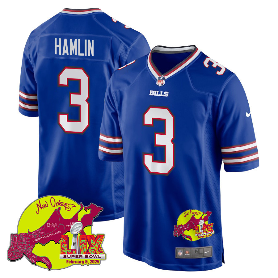 Damar Hamlin 3 Buffalo Bills Super Bowl LIX New Orleans Patch Game Men Jersey - Royal