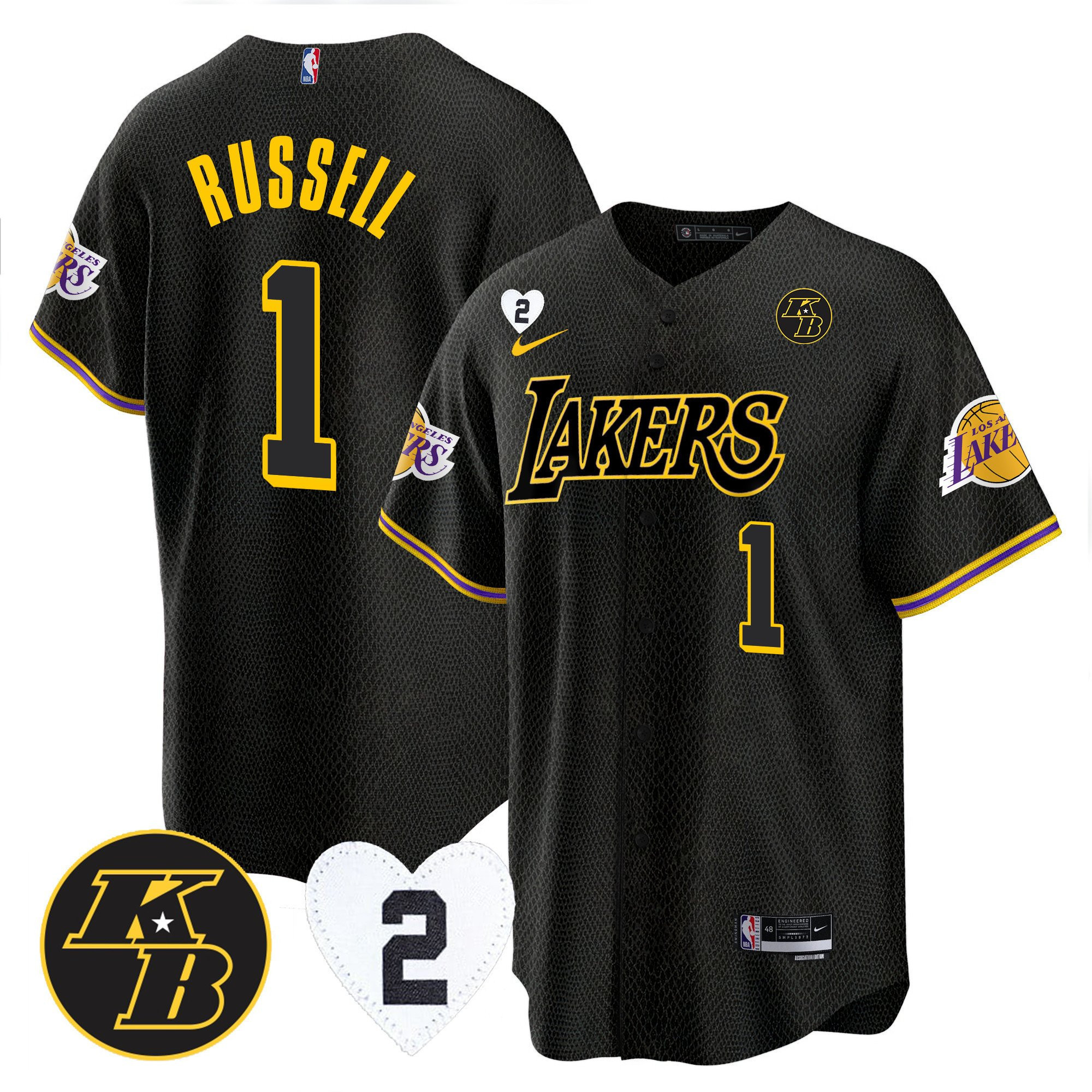 D'Angelo Russell 1 Los Angeles Lakers Kobe & Gigi Patch Baseball Men Jersey - Black Mamba