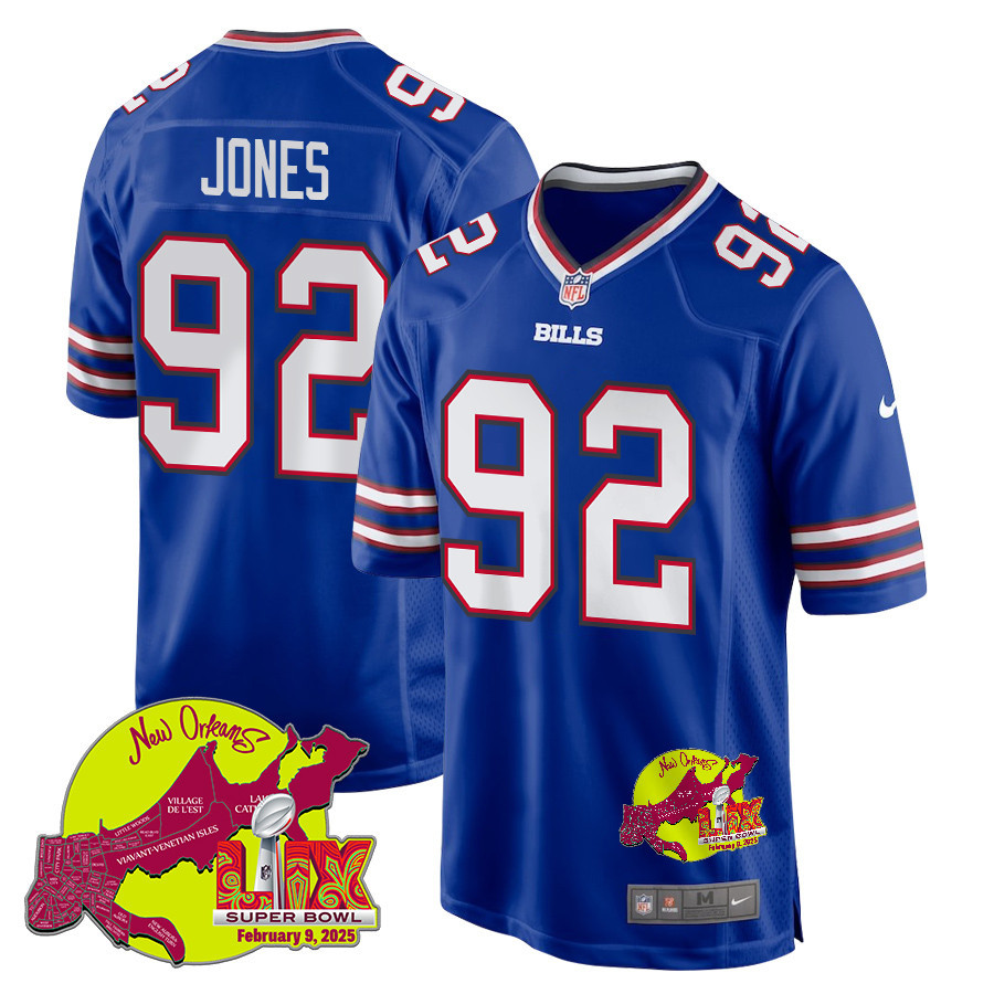 DaQuan Jones 92 Buffalo Bills Super Bowl LIX New Orleans Patch Game Men Jersey - Royal