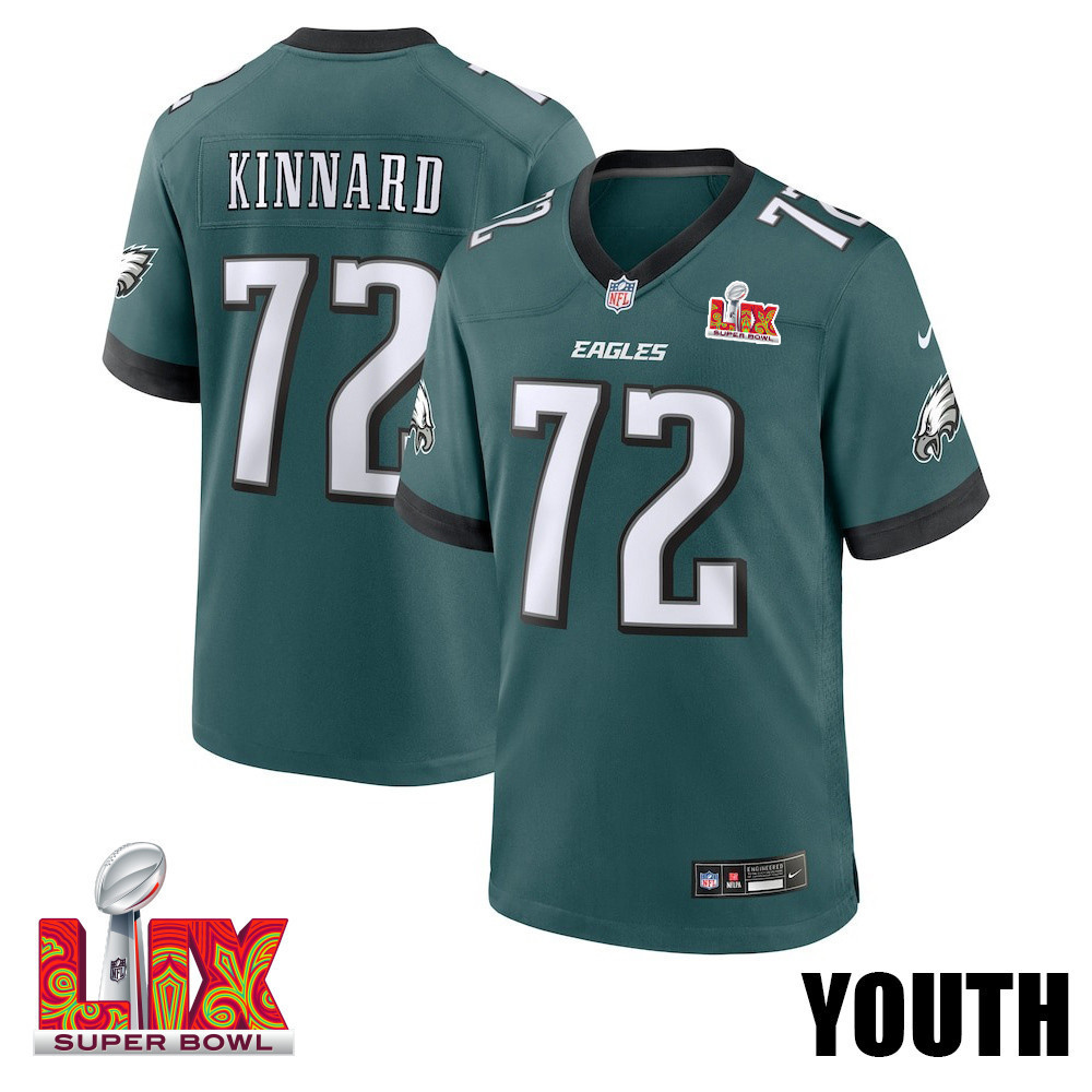 Darian Kinnard #72 Philadelphia Eagles Super Bowl LIX YOUTH Jersey - Midnight Green