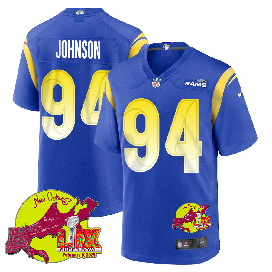 Desjuan Johnson 94 Los Angeles Rams Super Bowl LIX New Orleans Patch Game Men Jersey - Royal