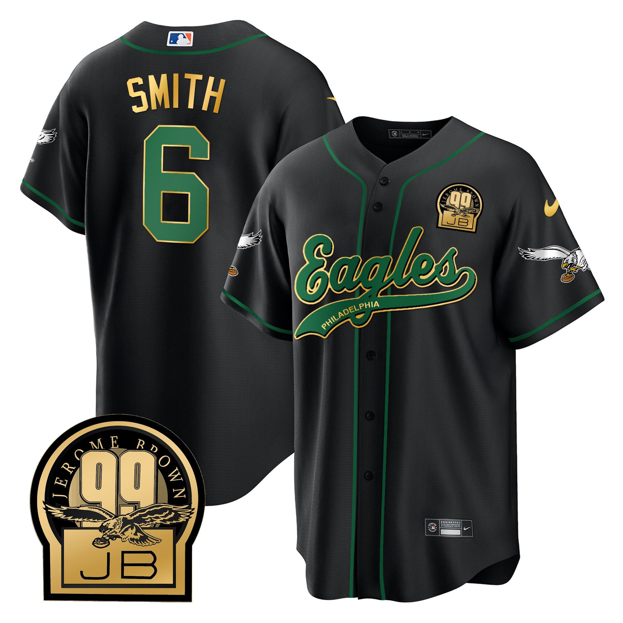 DeVonta Smith 6 Philadelphia Eagles Jerome Brown Retired Patch Baseball Men Jersey - Black Gold Trim