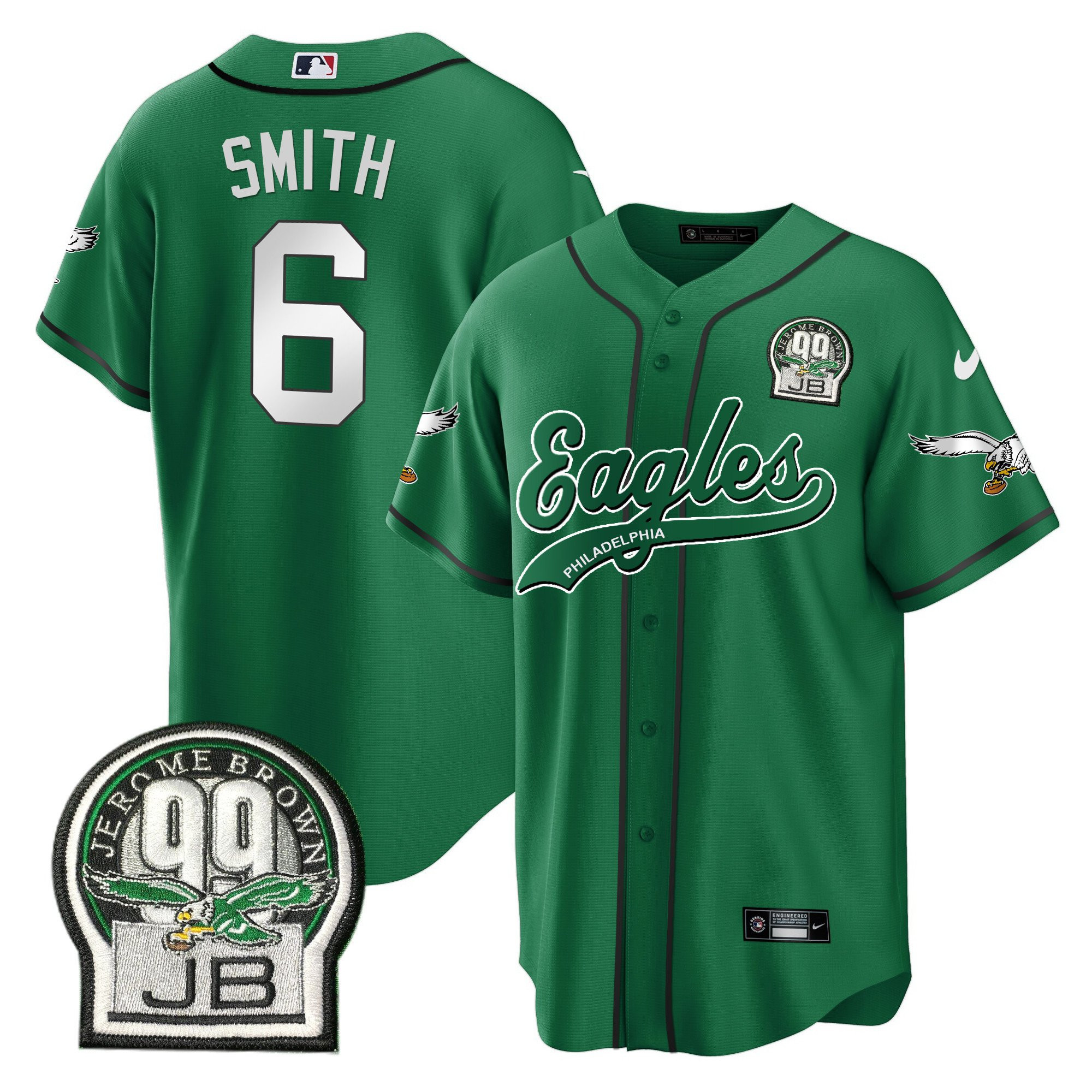 DeVonta Smith 6 Philadelphia Eagles Jerome Brown Retired Patch Baseball Men Jersey - Kelly Green