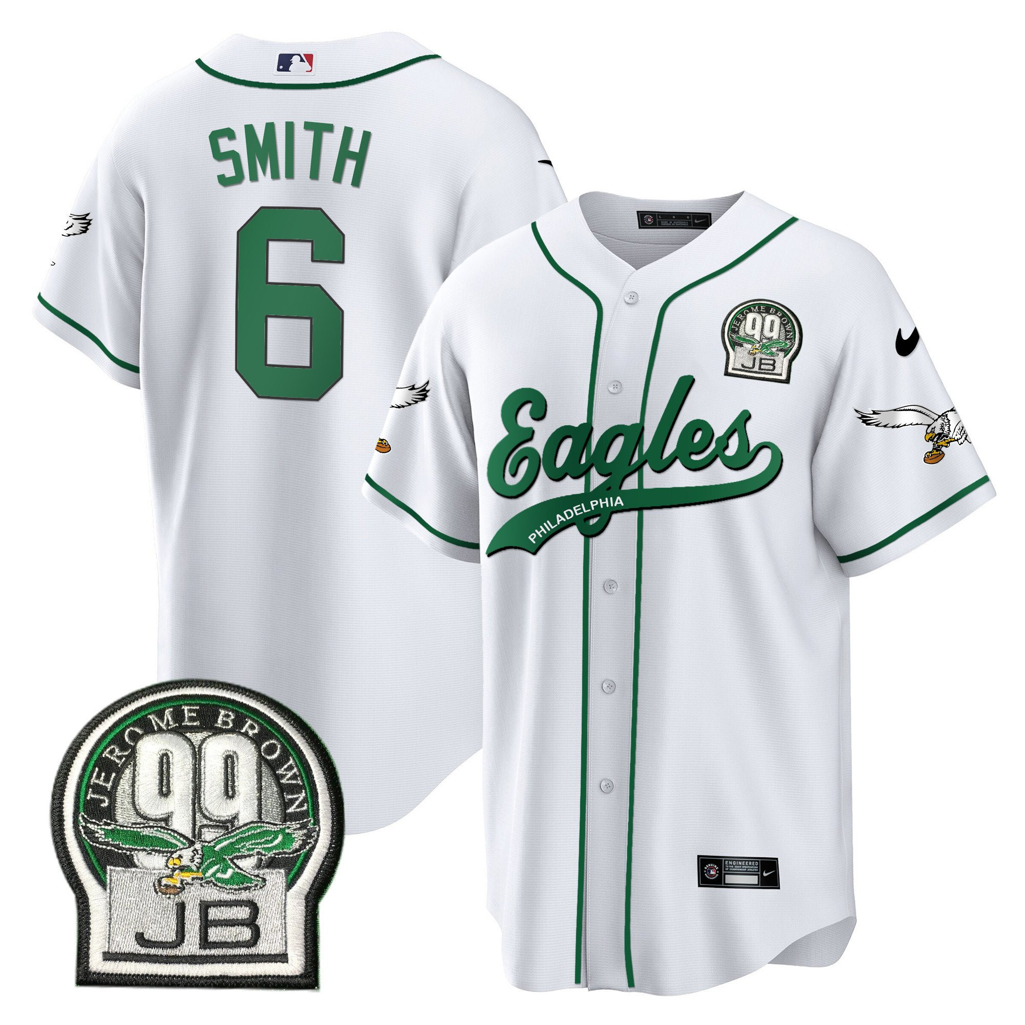 DeVonta Smith 6 Philadelphia Eagles Jerome Brown Retired Patch Baseball Men Jersey - White