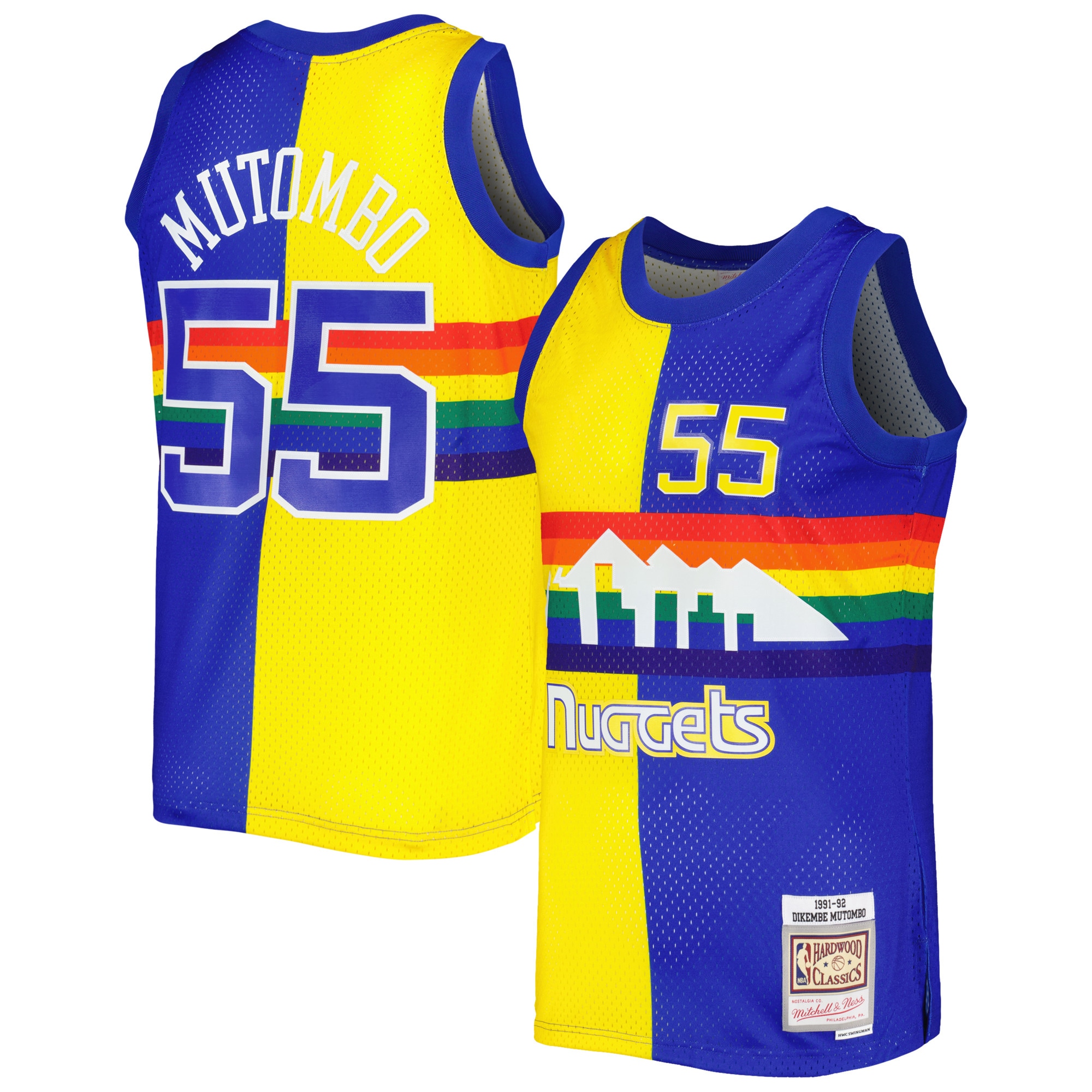 Dikembe Mutombo Denver Nuggets Mitchell & Ness Hardwood Classics 1991\/92 Split Swingman Jersey - Royal\/Gold