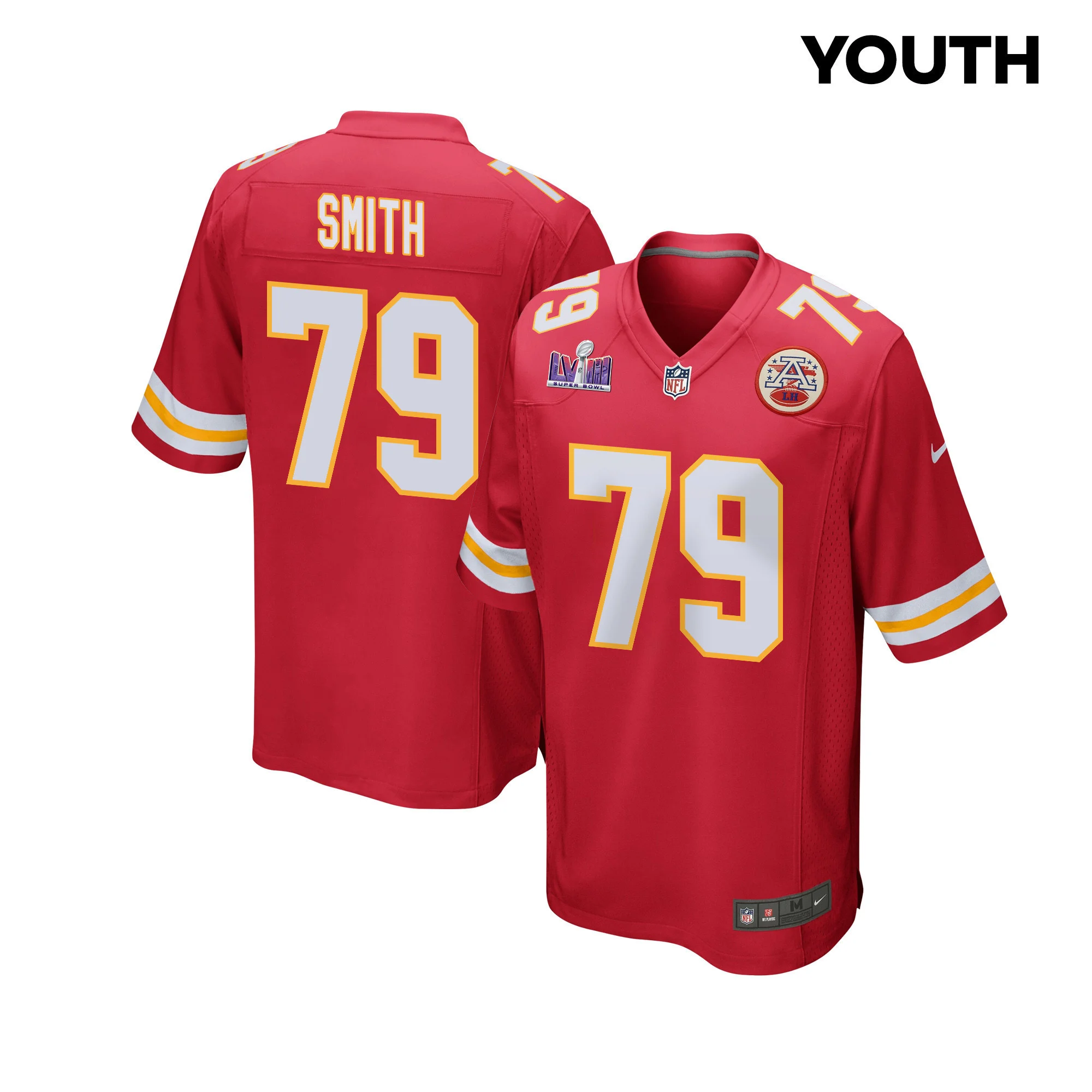 Donovan Smith 79 Kansas City Chiefs Super Bowl LVIII Patch Game YOUTH Jersey - Red