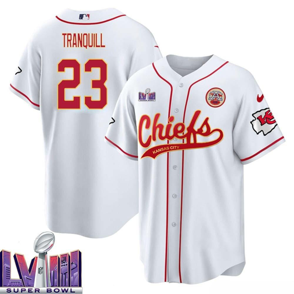 Drue Tranquill 23 Kansas City Chiefs Super Bowl LVIII Baseball Men Jersey - White