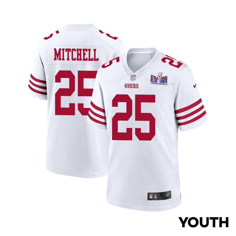 Elijah Mitchell 25 San Francisco 49ers Super Bowl LVIII Patch Game YOUTH Jersey - White