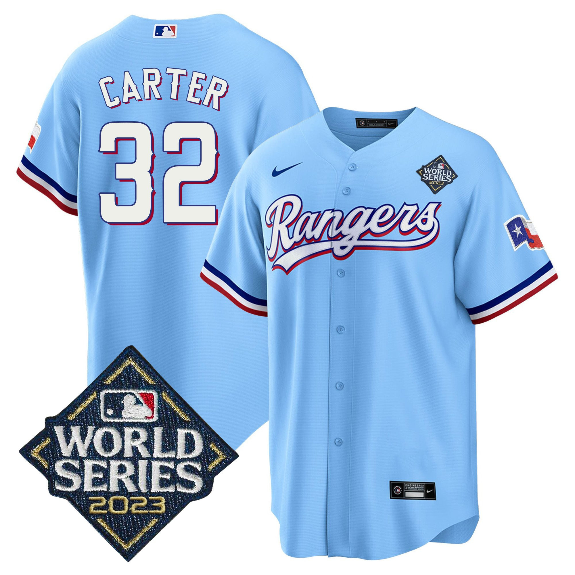 Evan Carter 32 Texas Rangers 2023 World Series Stitched Baseball Jersey - Blue