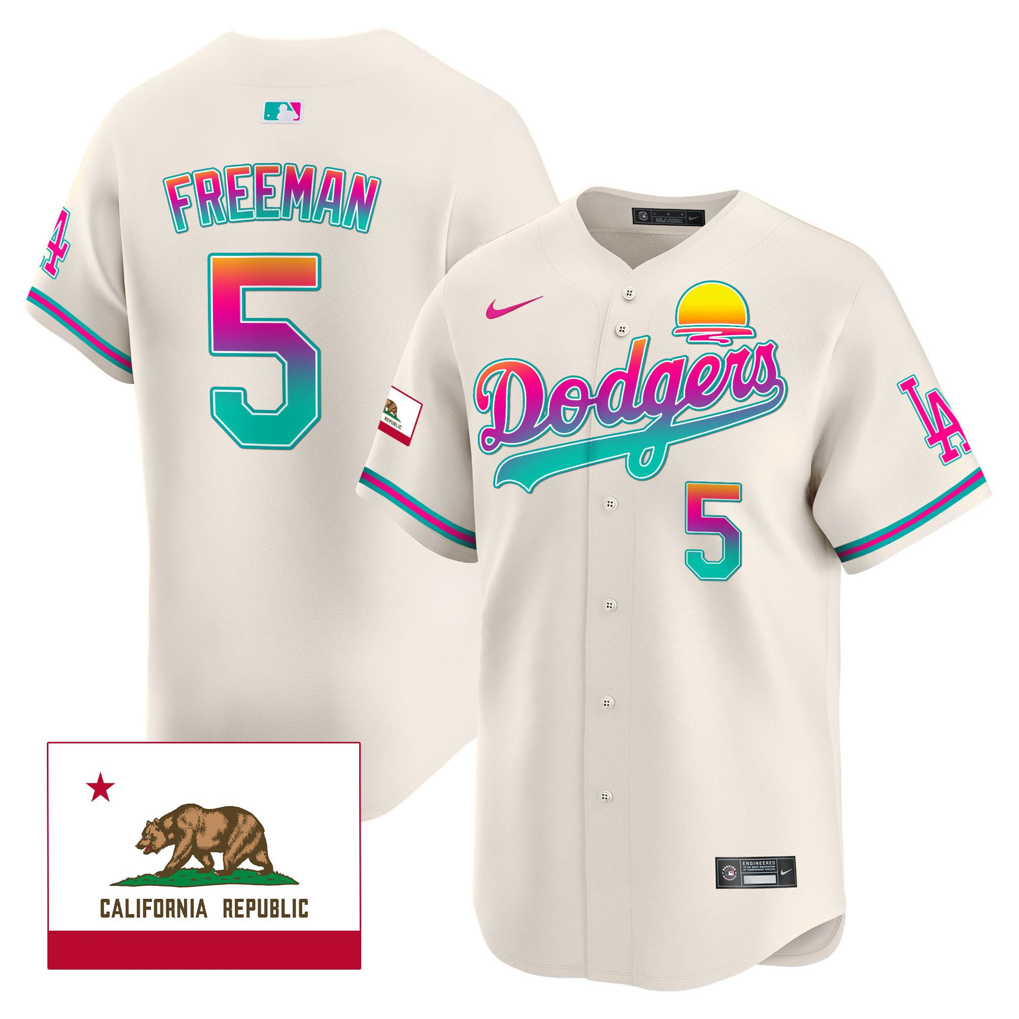 Freddie Freeman 5 Los Angeles Dodgers 2024 Los Angeles City Style California Republic Patch Men Jersey - Cream