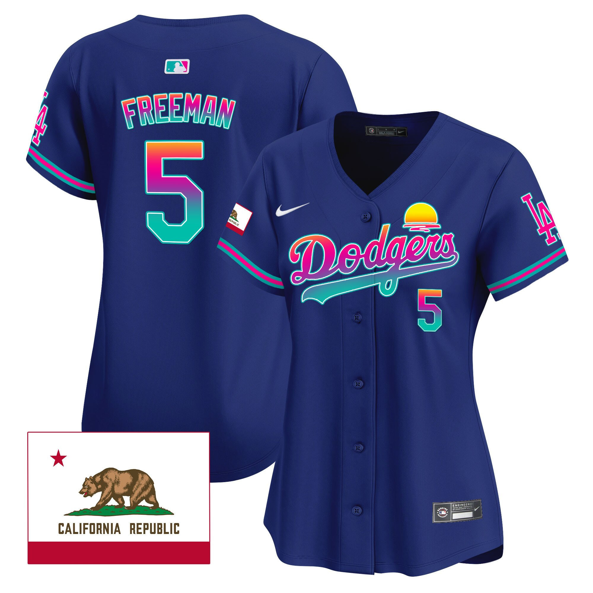 Freddie Freeman 5 Los Angeles Dodgers 2024 Los Angeles City Style California Republic Patch Women Jersey - Royal