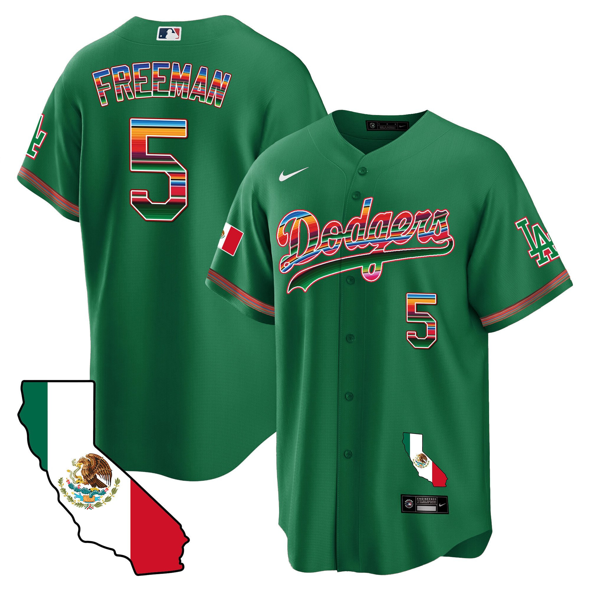Freddie Freeman 5 Los Angeles Dodgers Mexico California Map Baseball Men Jersey - Green