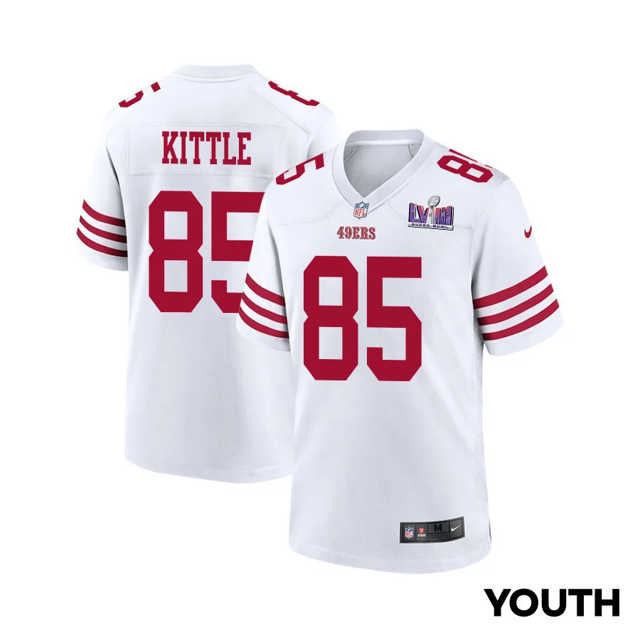 George Kittle 85 San Francisco 49ers Super Bowl LVIII Patch Game YOUTH Jersey - White