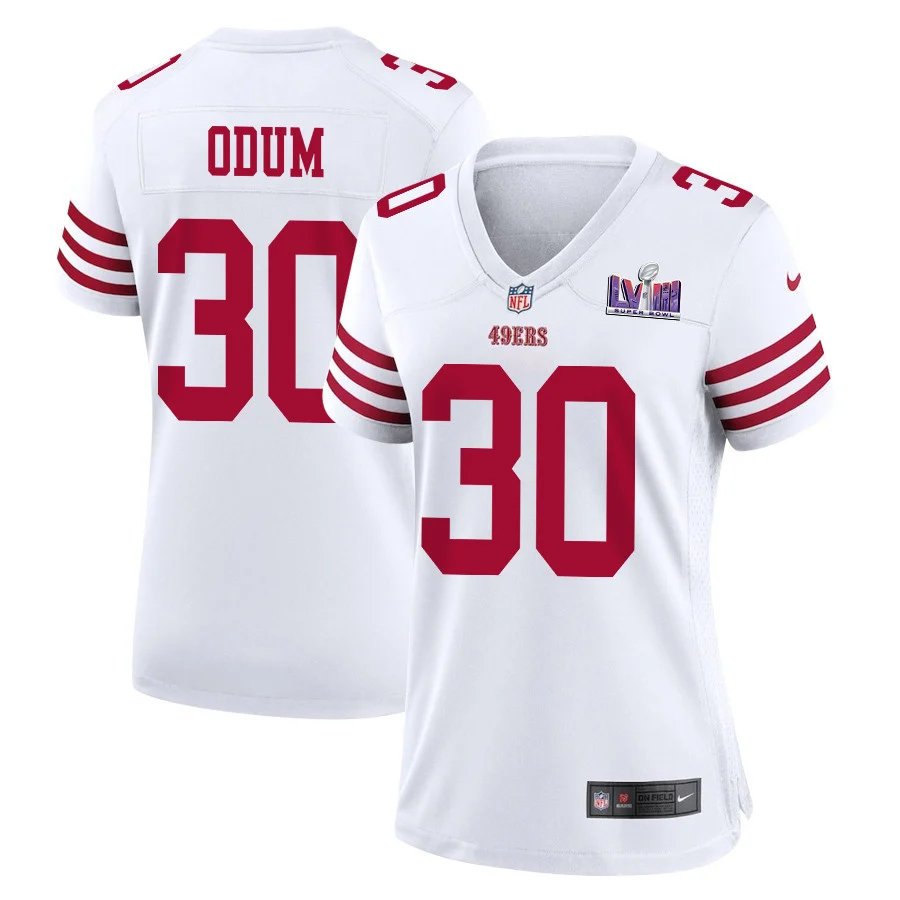 George Odum 30 San Francisco 49ers Super Bowl LVIII Patch Game Women Jersey - White