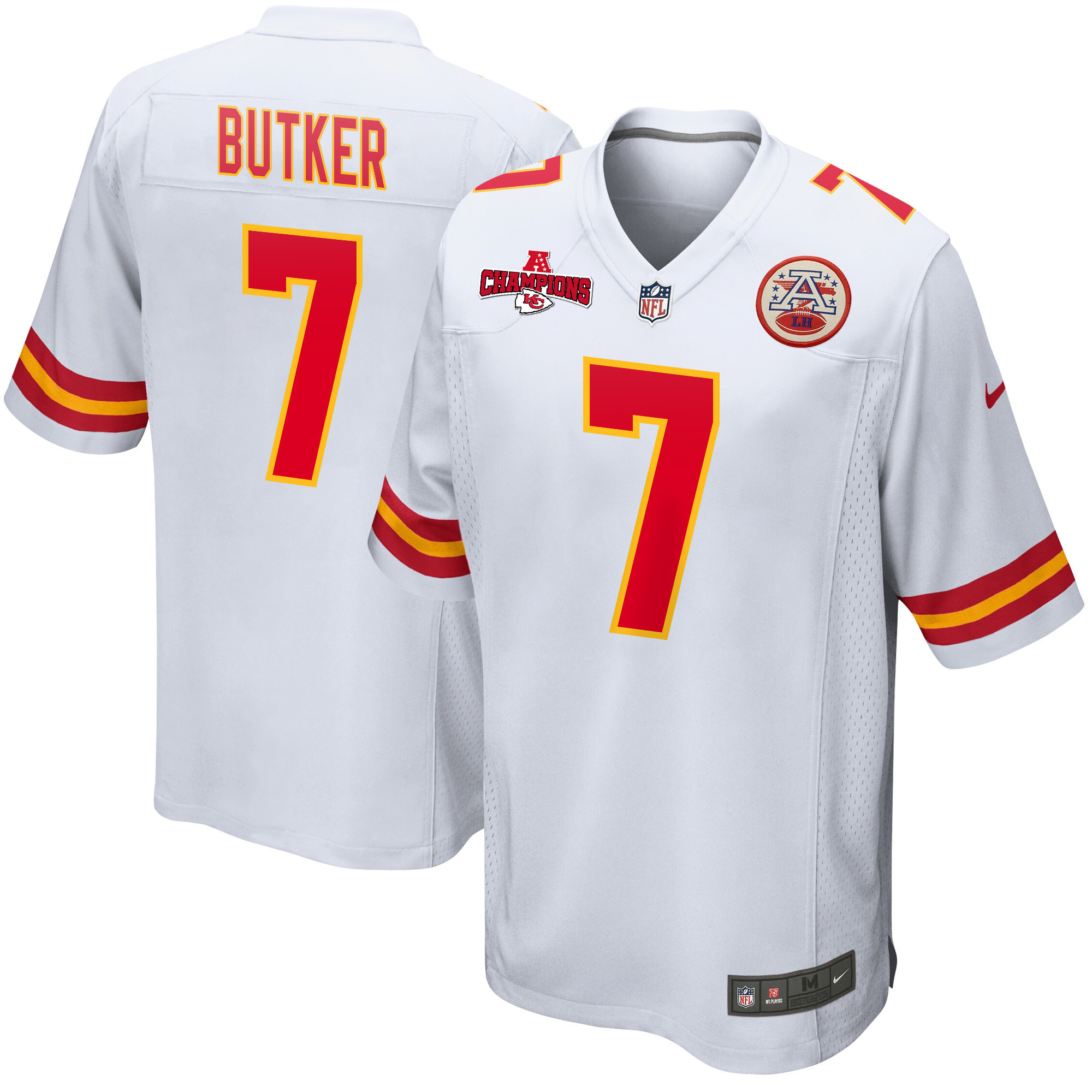 Harrison Butker 7 Kansas City Chiefs AFC Champions Patch Game Men Jersey - White