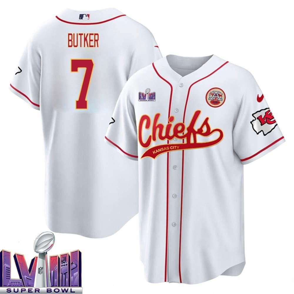 Harrison Butker 7 Kansas City Chiefs Super Bowl LVIII Baseball Men Jersey - White