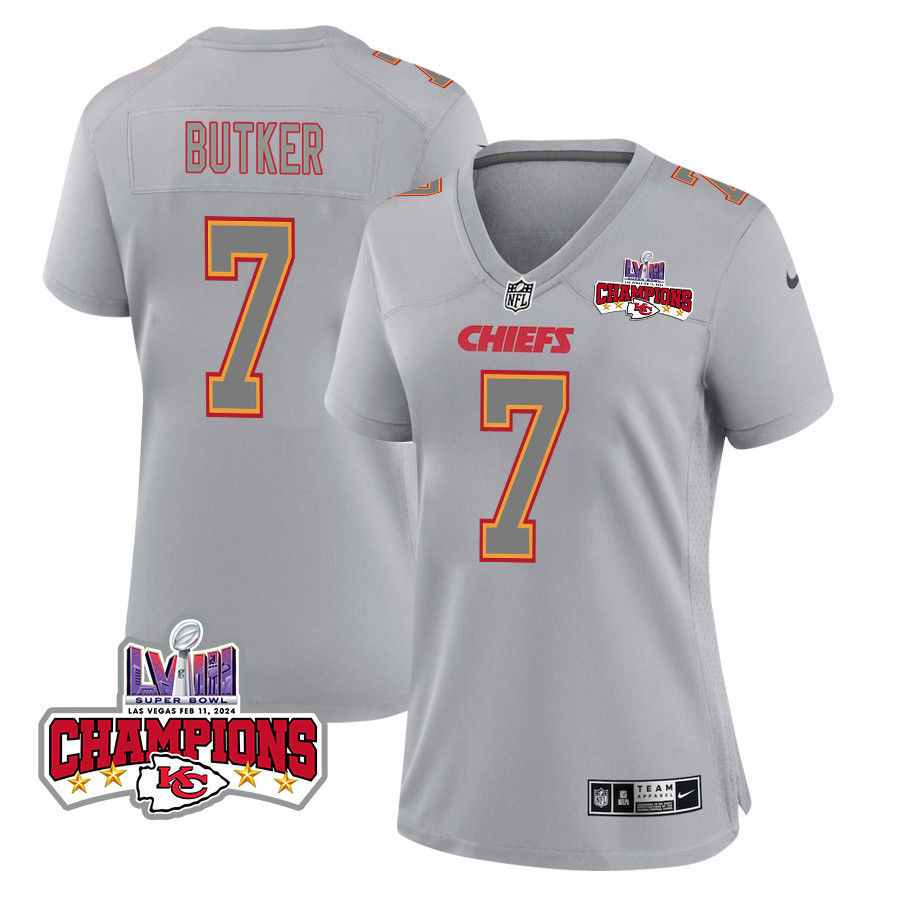 Harrison Butker 7 Kansas City Chiefs Super Bowl LVIII Champions 4 Stars Patch Atmosphere Fashion Game Women Jersey - Gray