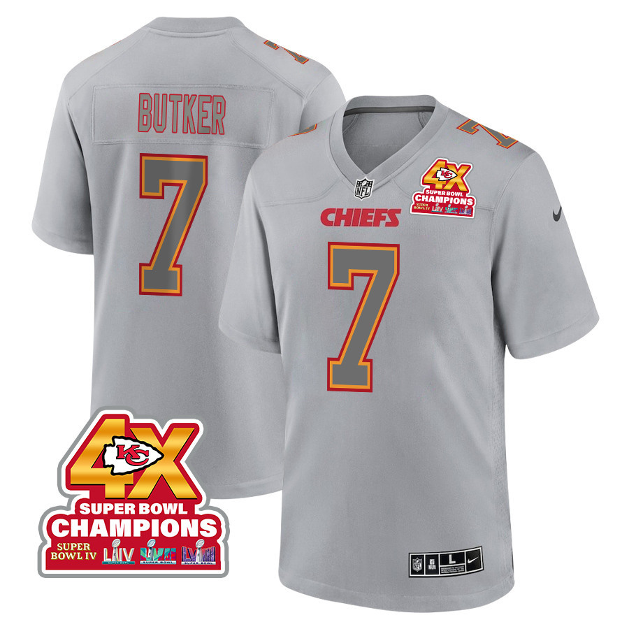 Harrison Butker 7 Kansas City Chiefs Super Bowl LVIII Champions 4X Atmosphere Fashion Game Men Jersey - Gray