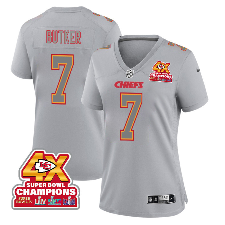 Harrison Butker 7 Kansas City Chiefs Super Bowl LVIII Champions 4X Atmosphere Fashion Game Women Jersey - Gray
