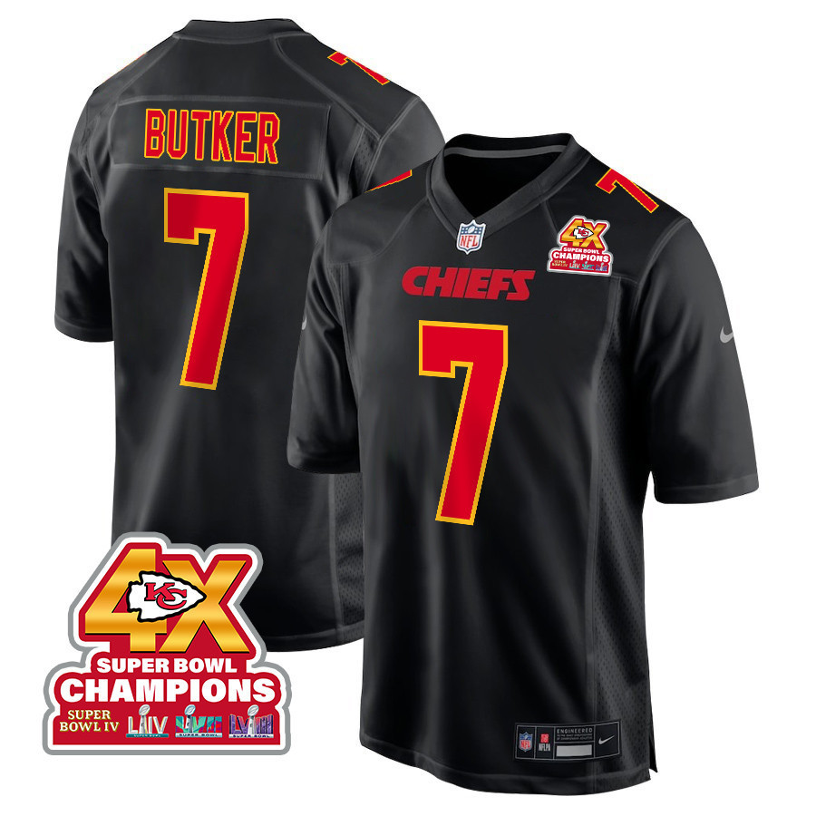 Harrison Butker 7 Kansas City Chiefs Super Bowl LVIII Champions 4X Fashion Game Men Jersey - Carbon Black