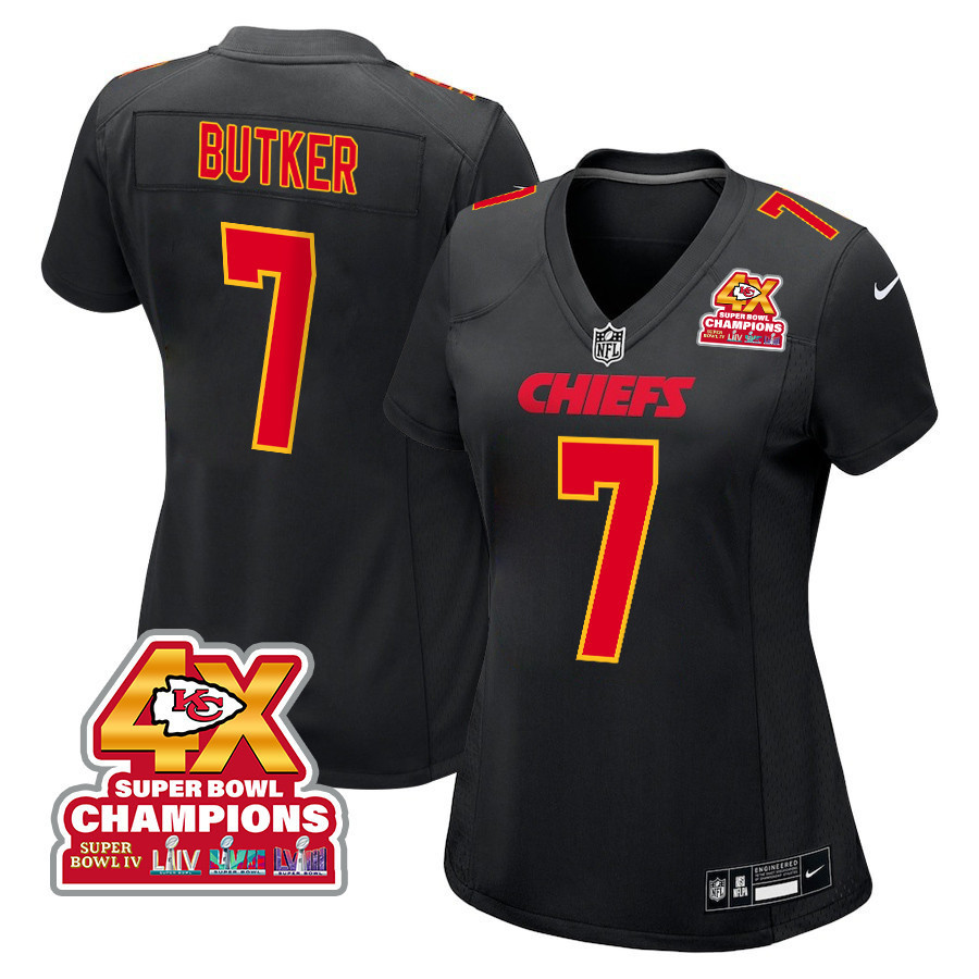 Harrison Butker 7 Kansas City Chiefs Super Bowl LVIII Champions 4X Fashion Game Women Jersey - Carbon Black