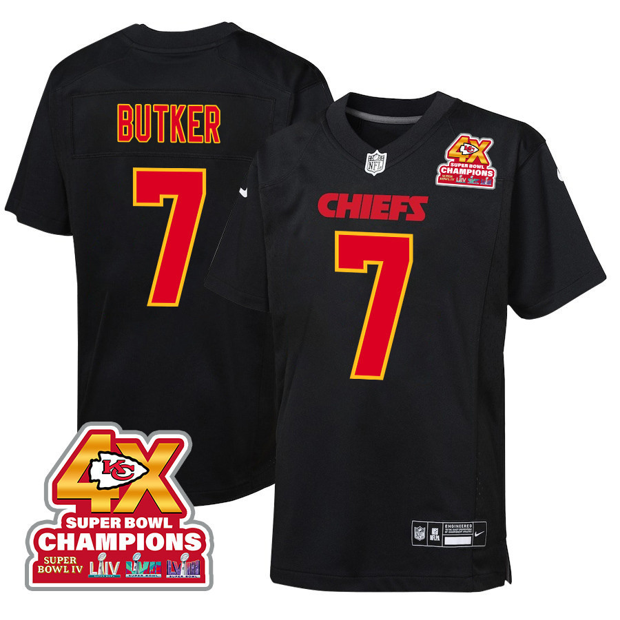 Harrison Butker 7 Kansas City Chiefs Super Bowl LVIII Champions 4X Fashion Game YOUTH Jersey - Carbon Black