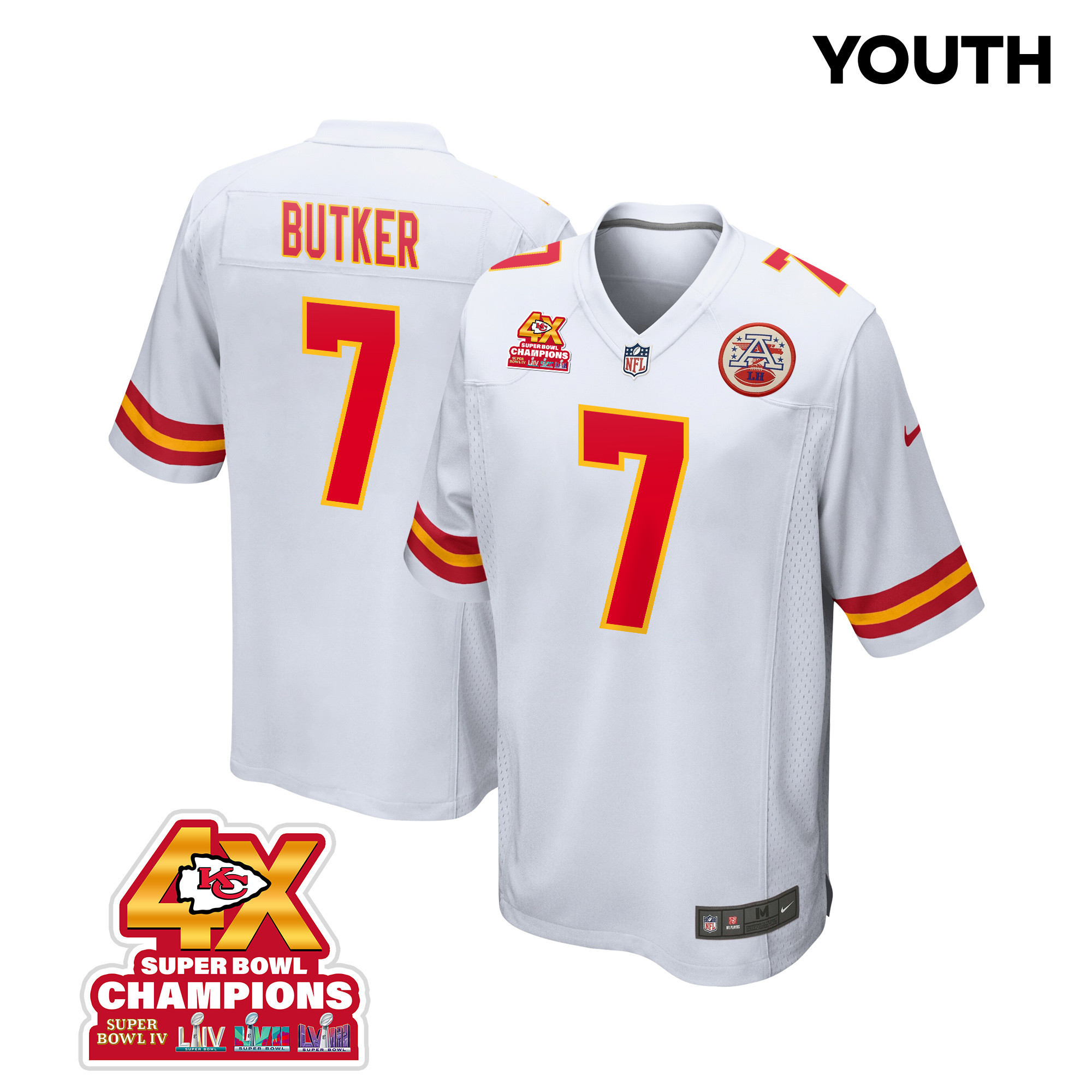 Harrison Butker 7 Kansas City Chiefs Super Bowl LVIII Champions 4X Game YOUTH Jersey - White