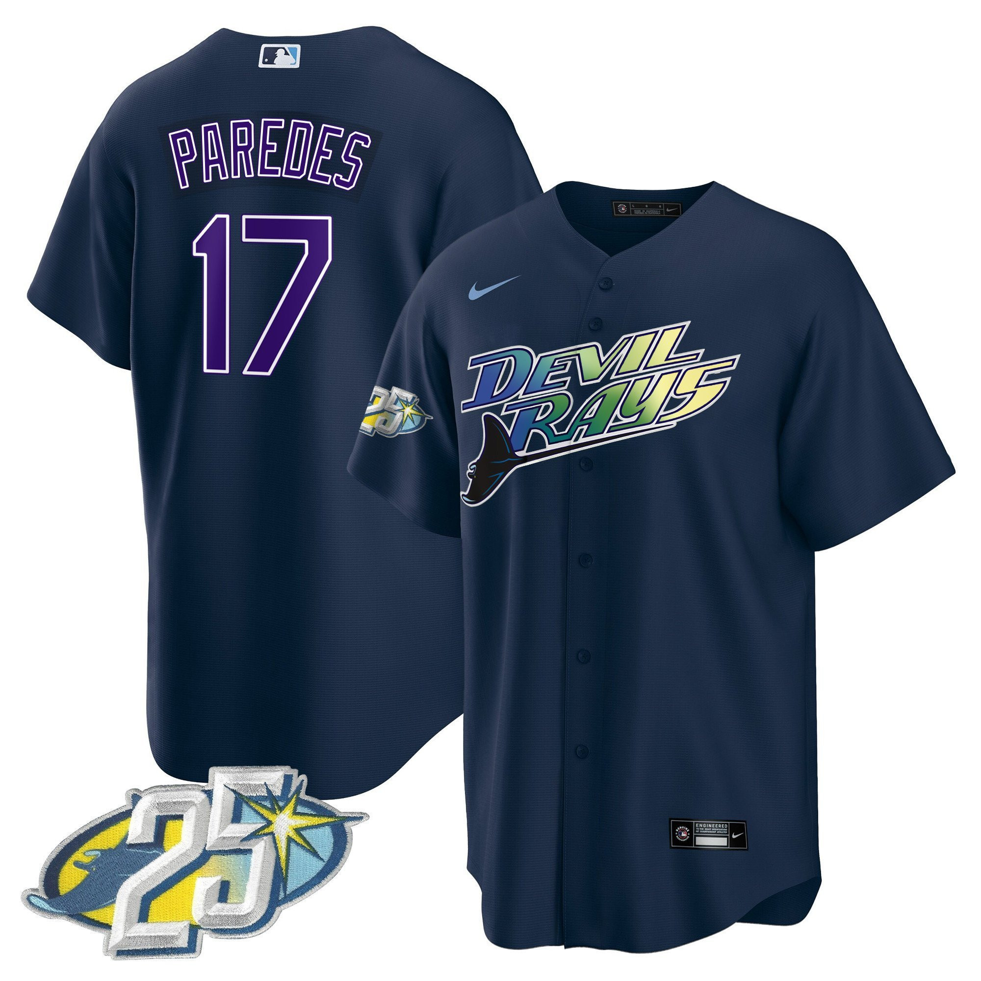 Isaac Paredes 17 Tampa Bay Rays 25th Anniversary Patch Men Jersey - Navy