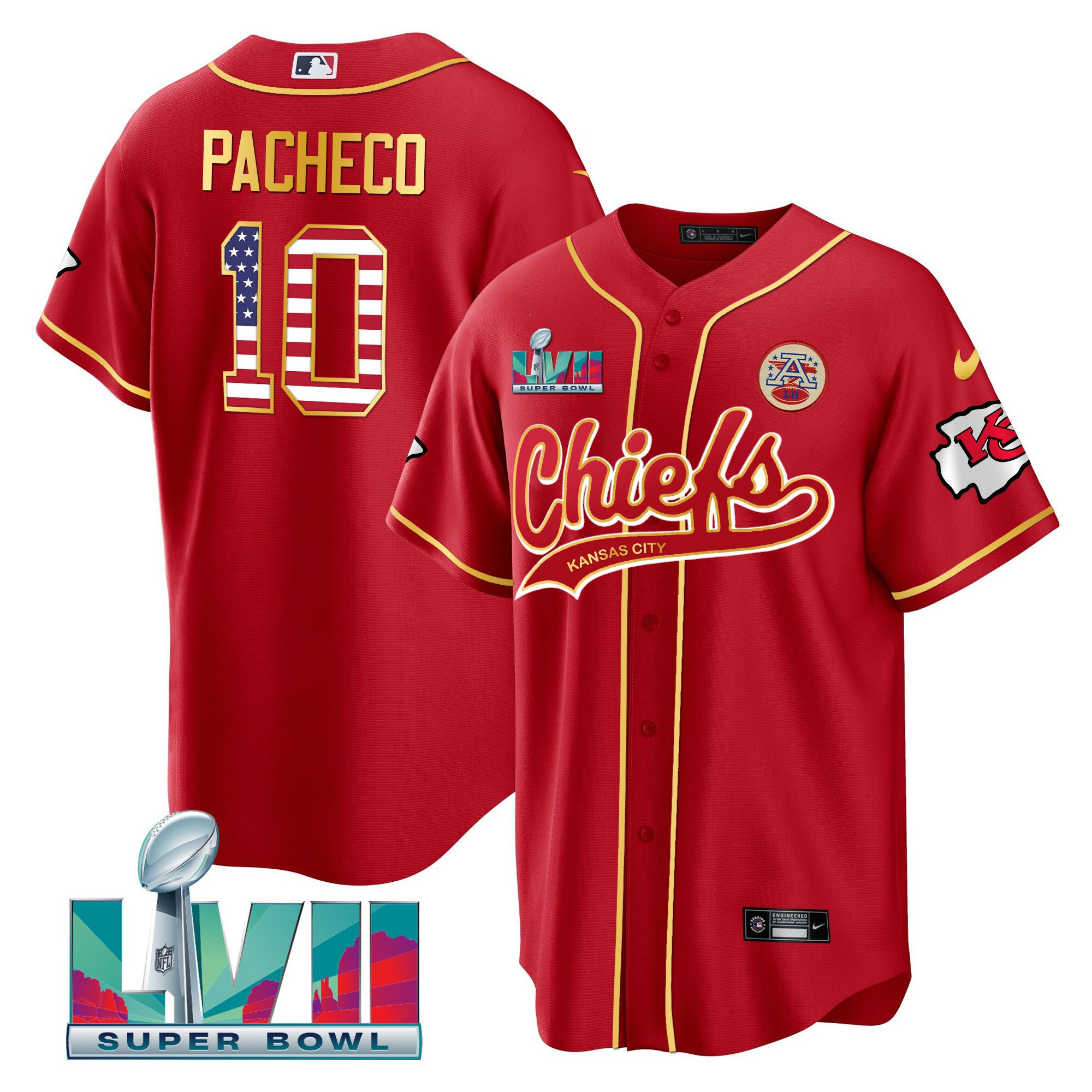 Isiah Pacheco 10 Kansas City Chiefs Super Bowl LVII Patch Flag Men Jersey - Red