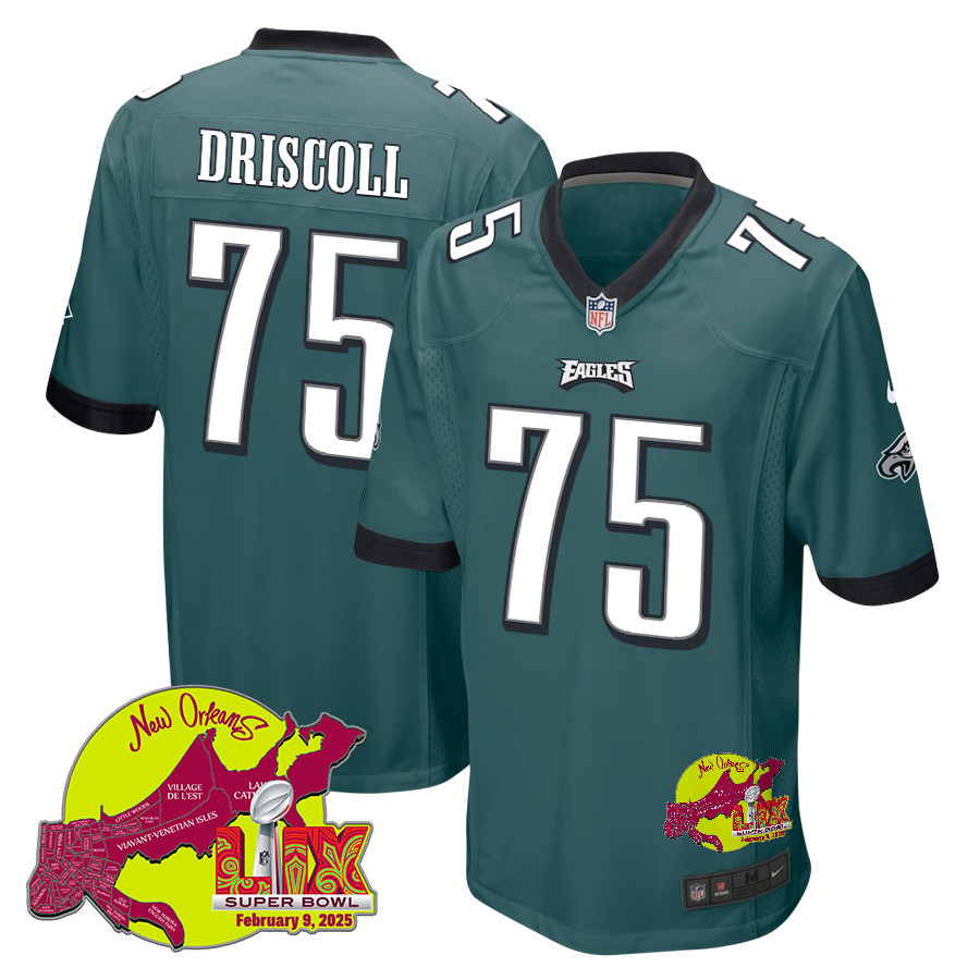 Jack Driscoll 75 Philadelphia Eagles Super Bowl LIX New Orleans Patch Game Men Jersey - Midnight Green