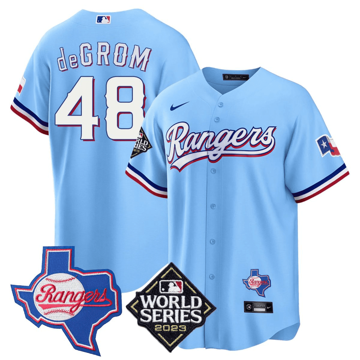 Jacob DeGrom 48 Texas Rangers 2023 World Series & Texas State Patch Men Jersey - Blue
