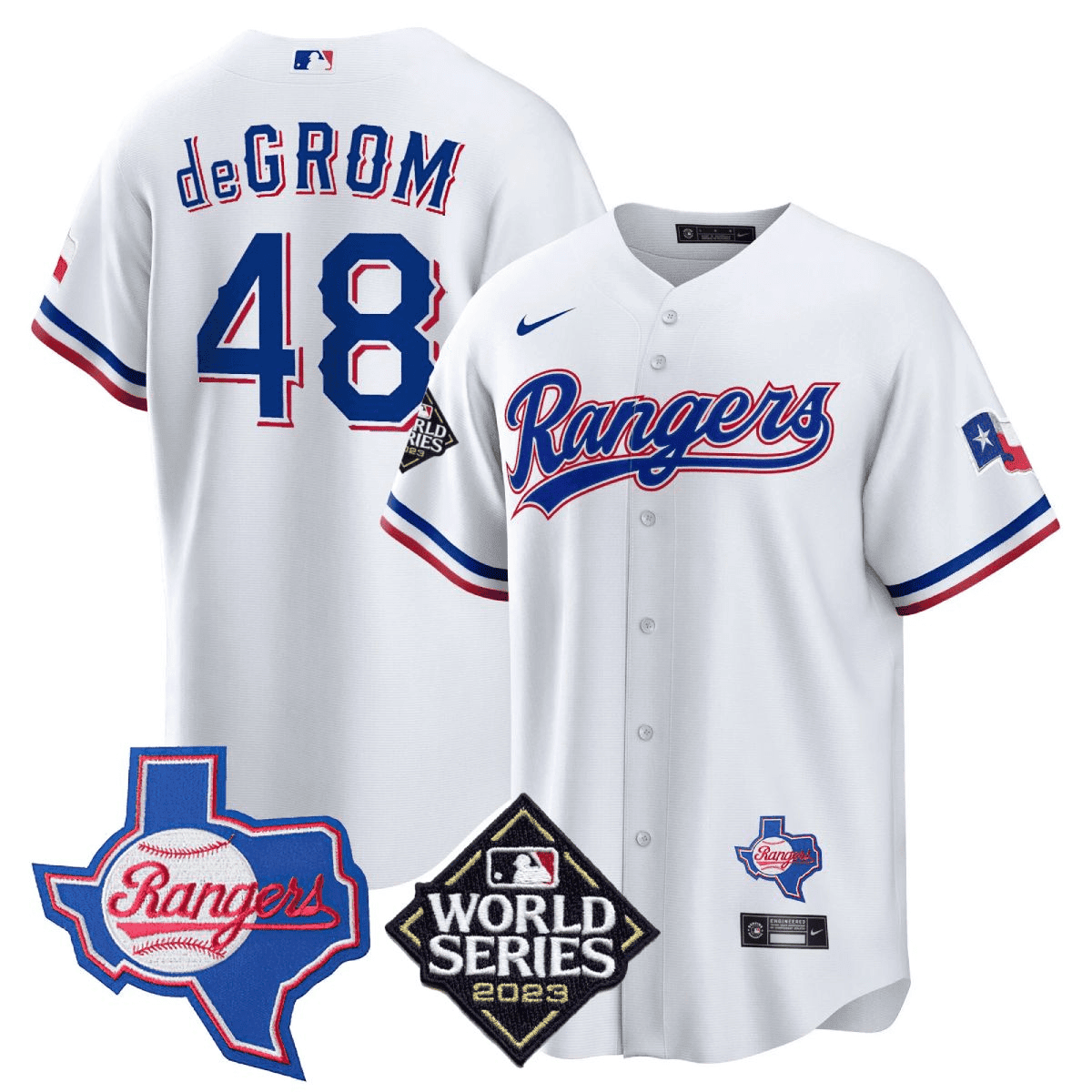 Jacob DeGrom 48 Texas Rangers 2023 World Series & Texas State Patch Men Jersey - White