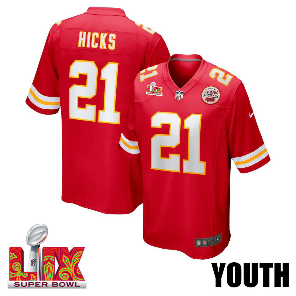 Jaden Hicks #21 Kansas City Chiefs Super Bowl LIX YOUTH Jersey - Red