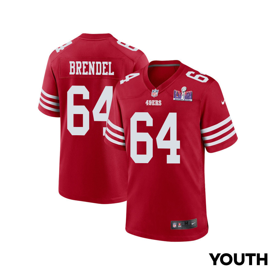 Jake Brendel 64 San Francisco 49ers Super Bowl LVIII Patch Game YOUTH Jersey - Scarlet