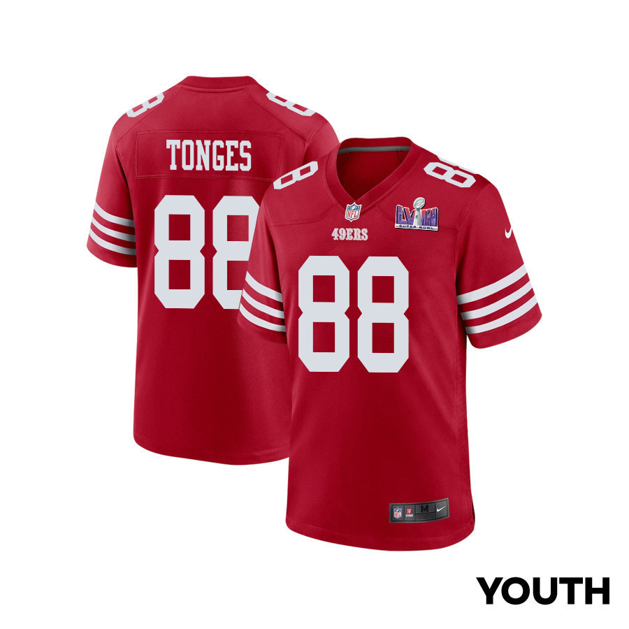 Jake Tonges 88 San Francisco 49ers Super Bowl LVIII Patch Game YOUTH Jersey - Scarlet