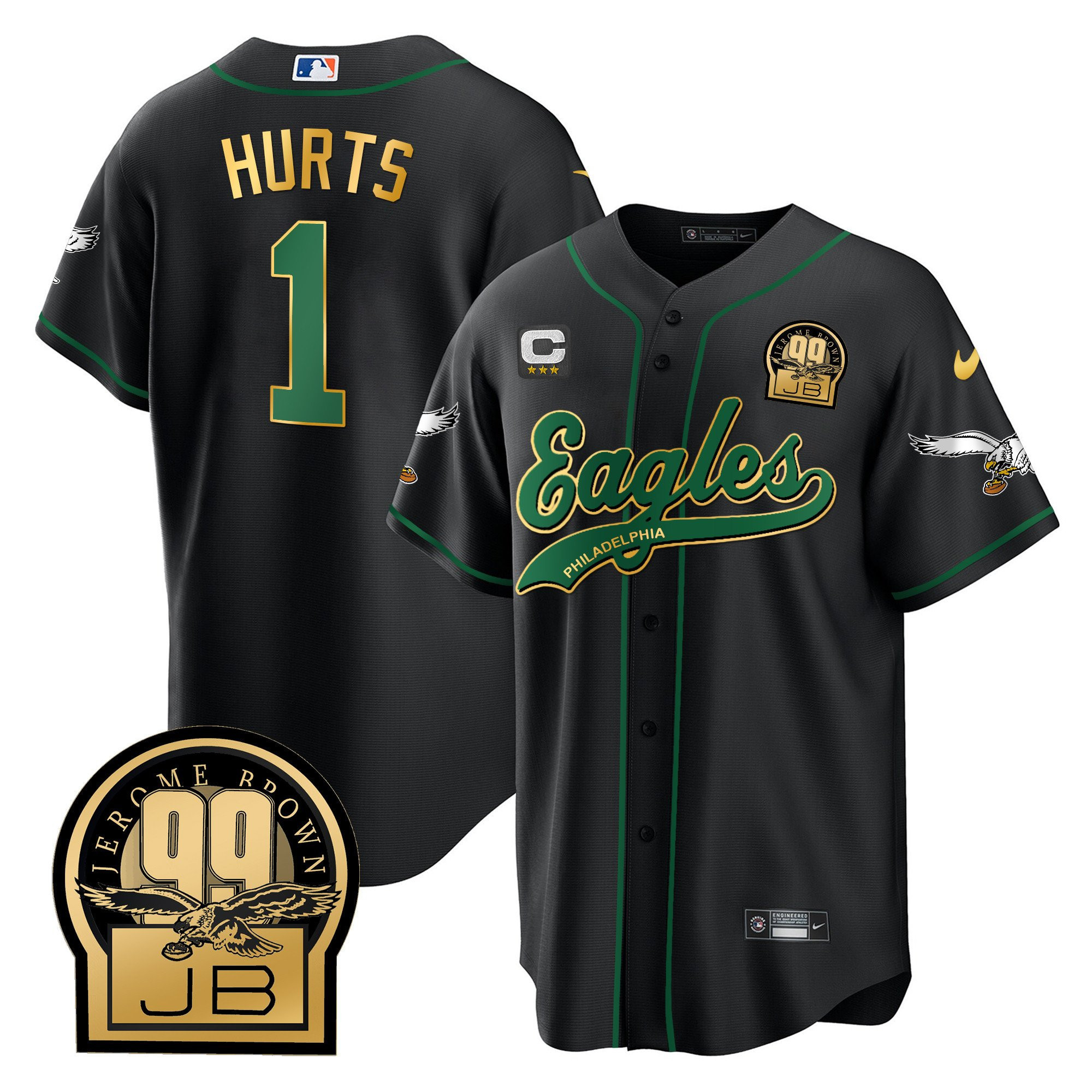 Jalen Hurts 1 Philadelphia Eagles Jerome Brown Retired Patch Baseball Men Jersey - Black Gold Trim
