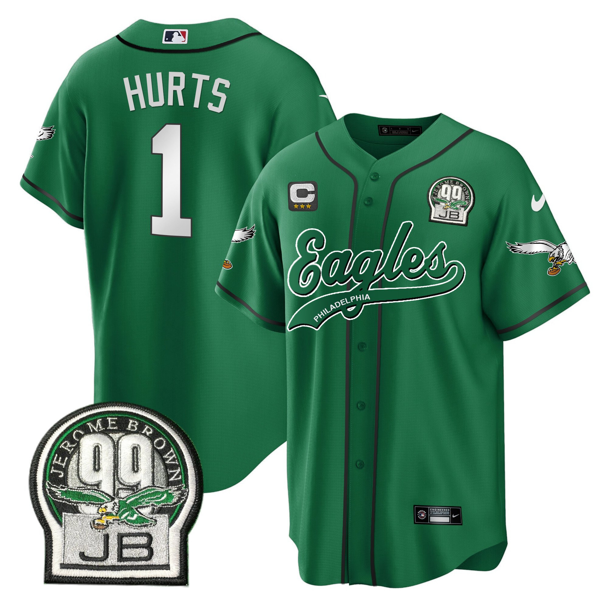 Jalen Hurts 1 Philadelphia Eagles Jerome Brown Retired Patch Baseball Men Jersey - Kelly Green