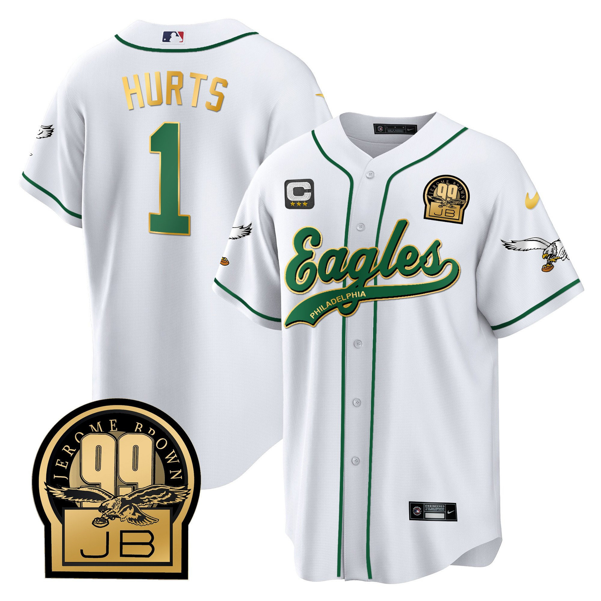 Jalen Hurts 1 Philadelphia Eagles Jerome Brown Retired Patch Baseball Men Jersey - White Gold Trim