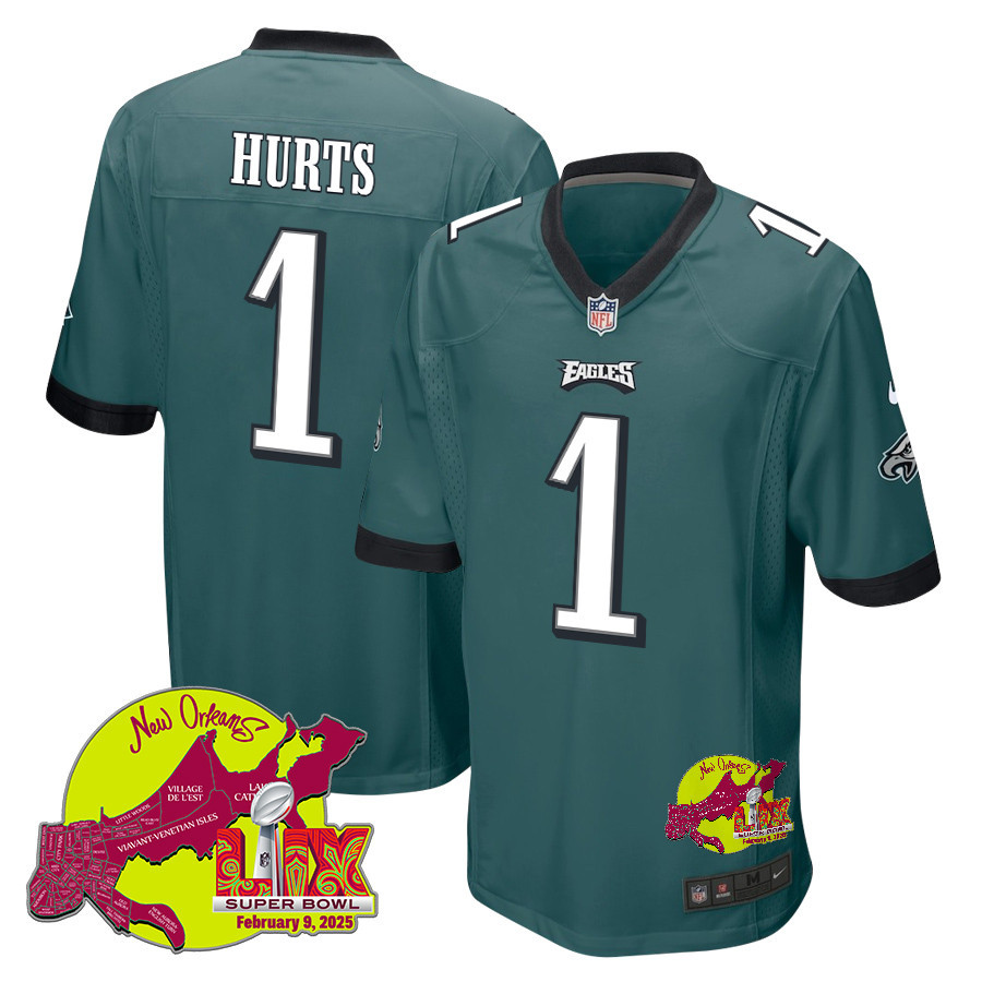 Jalen Hurts 1 Philadelphia Eagles Super Bowl LIX New Orleans Patch Game Men Jersey - Midnight Green